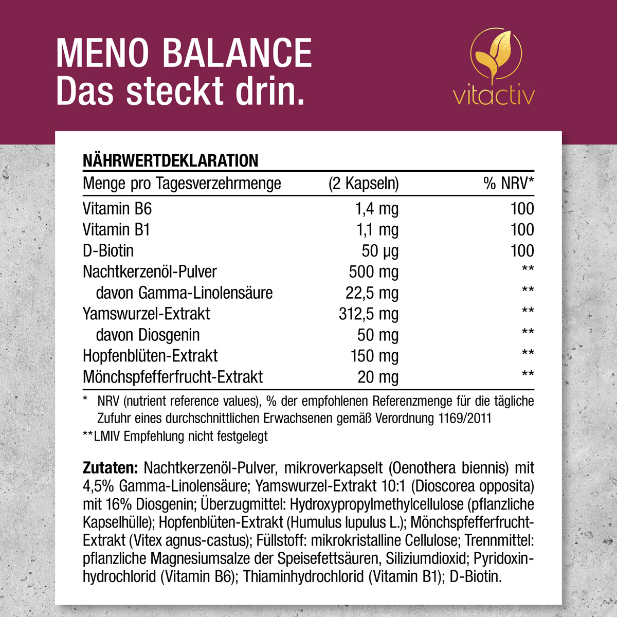 Dies ist die Zutatenliste für die MENO Balance Wechseljahre Kapseln von Vitactiv. Das Produkt enthält Vitamin B6, Vitamin B1, D-Biotin, Nachtkerzenöl-Pulver, Yamswurzel-Extrakt, Hopfenblüten-Extrakt und Mönchspfefferfrucht-Extrakt.