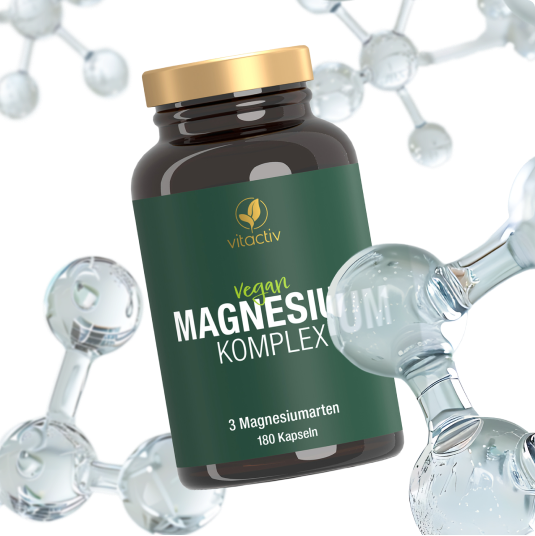Eine grüne Dose MAGNESIUM KOMPLEX Kapseln von Vitactiv. Um die Dose herum sind mehrere chemische Verbindungen zu sehen. Diese Verbindungen sollen klar machen das der MAGNESIUM KOMPLEX dir gleich drei unterschiedliche Magnesiumverbindungen liefert.