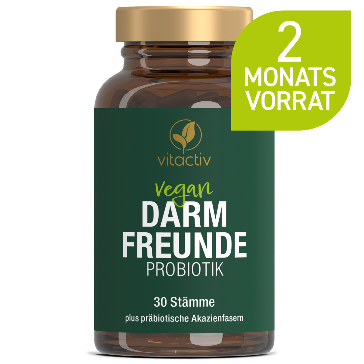 Das Bild zeigt eine grüne Dose DARM FREUNDE Probiotika Kapseln der Marke Vitactiv. DARM FREUNDE ist ein Darmkulturenkomplex für eine gesunde Darmflora und bei Verdauungsbeschwerden. Eine Dose enthält 60 Kapseln, die für 60 Tage reichen.