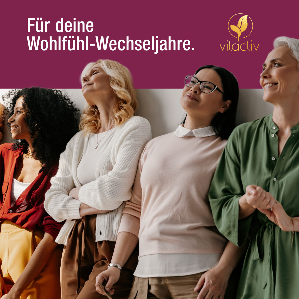 MENO BALANCE von Vitactiv für deine Wohlfühl-Wechseljahre! Das Bild zeigt vier unterschiedliche Frauen, die richtig glücklich aussehen.