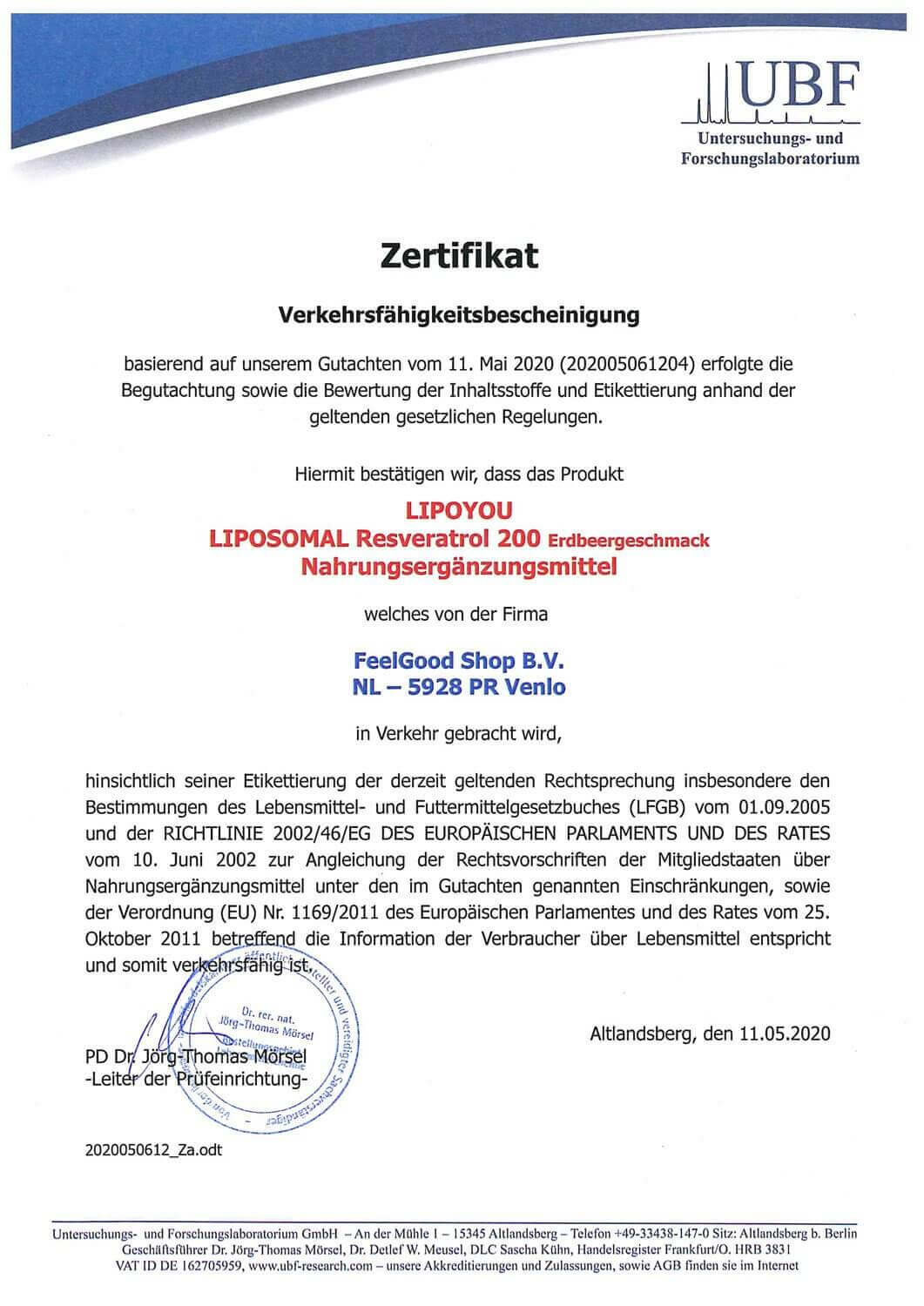 LIPOSOMAL Resveratrol 200 Zertifikat