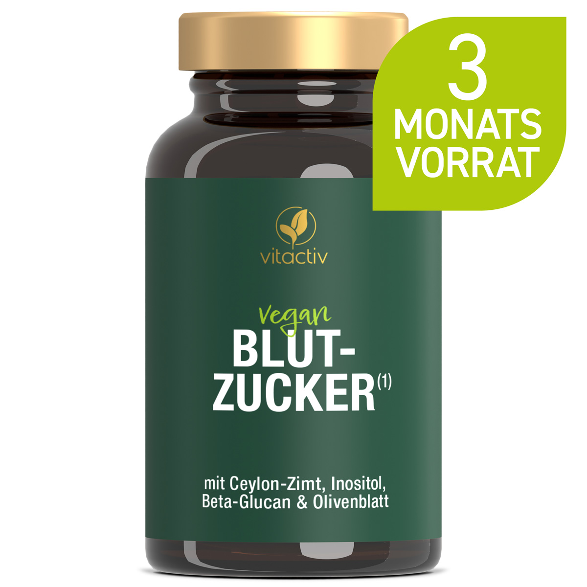 Eine grüne Dose BLUTZUCKER Kapseln der Marke Vitactiv. Die Dose enthält 90 Kapseln für 90 Tage.