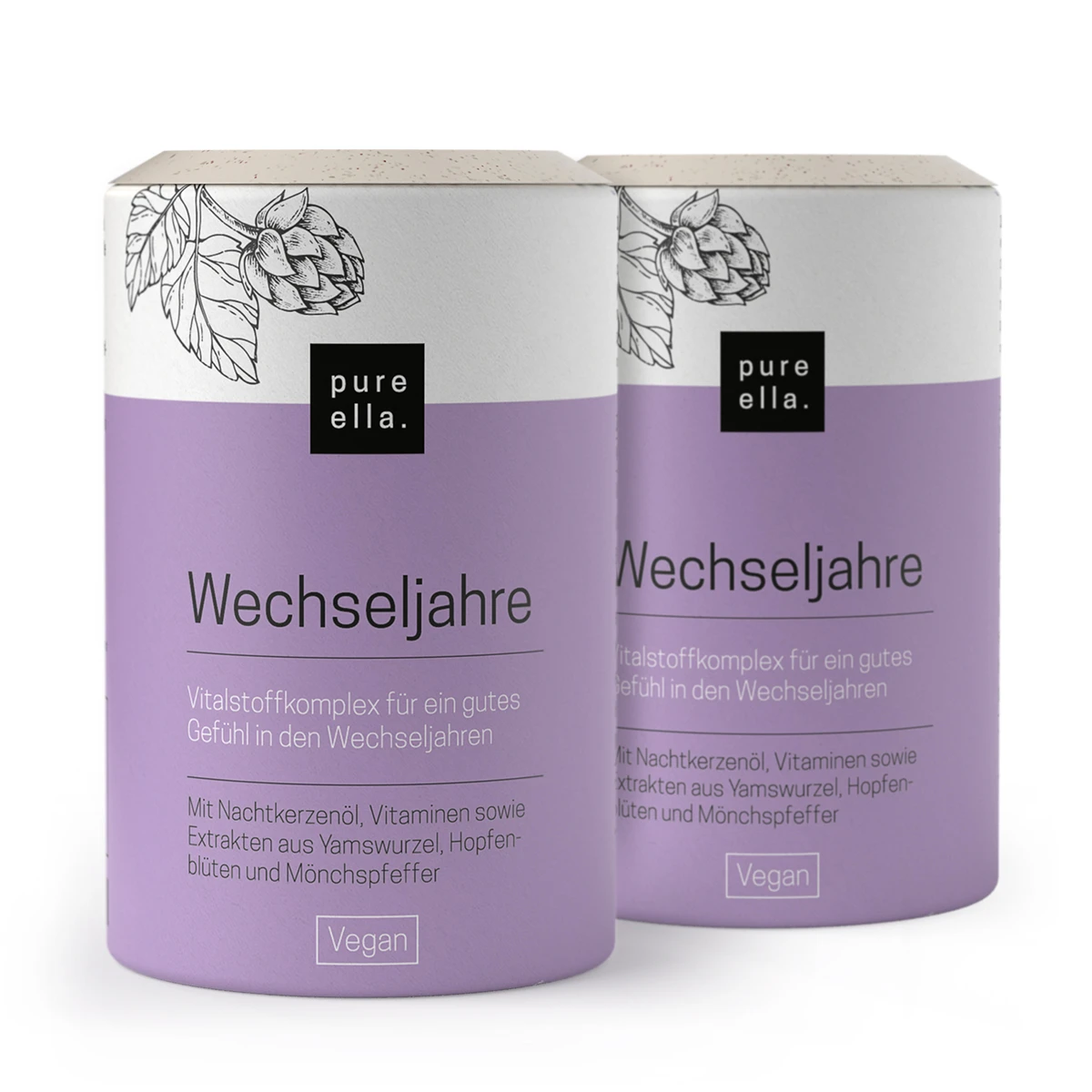 WECHSELJAHRE Kapseln von Pure Ella im Zweier-Pack. Zwei hübsche lilafarbene Dosen mit insgesamt 120 Kapseln. Vorrat für 60 Tage. Perfekte Wohlfühl-Unterstützung für deine Wechseljahre.