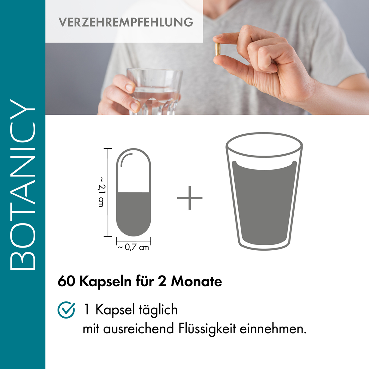 Zwei männliche Hände halten eine Blister-Lage FERTIL SPERM Aktiv Kapseln. Verzehrempfehlung: Eine Kapsel täglich mit ausreichend Flüssigkeit einnehmen. Die 60 Kinderwunsch Kapseln reichen für 2 Monate.