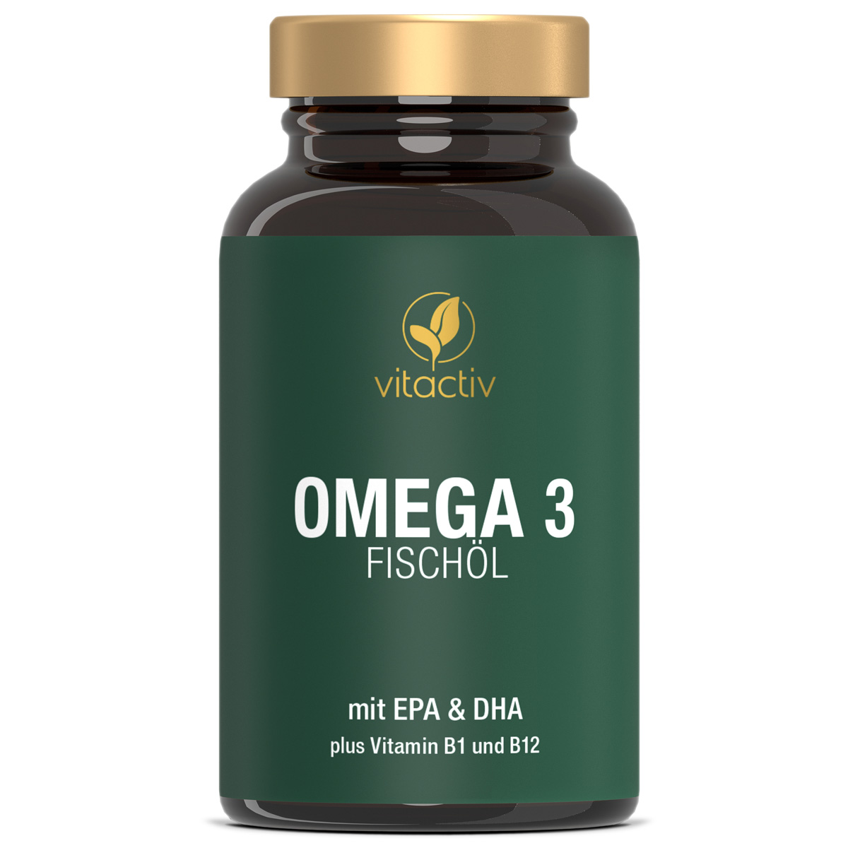 Eine grüne Dose OMEGA 3 FISCHÖL Kapseln der Marke Vitactiv. Die Dose enthält 30 Softgel-Kapseln und reicht für 30 Tage.