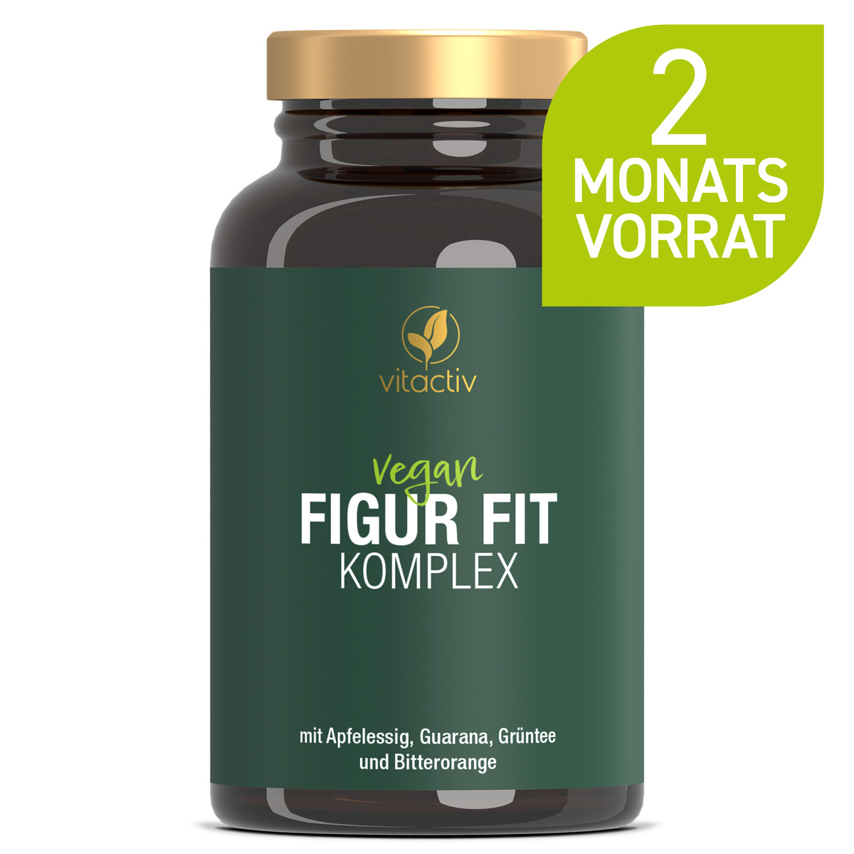Eine grüne Dose FIGUR FIT KOMPLEX der Marke Vitactiv. Die Dose enthält 120 Figur Kapseln für 60 Tage.