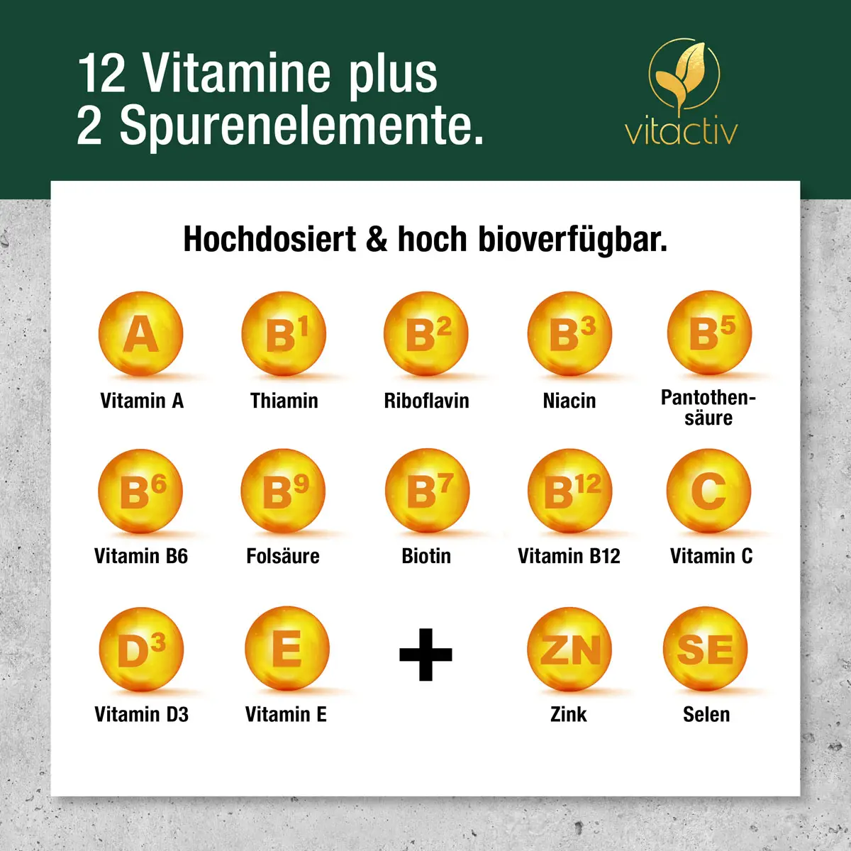 12 Vitamine plus die Spurenelemente Zink und Selen! Die Multivitamin Tabletten von Vitactiv sind hochdosiert. Bei der Auswahl der Rohstoffe war uns eine hohe Bioverfügbarkeit wichtig.