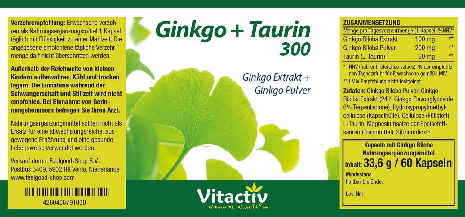 Ginkgo + Taurin 300 Etikett