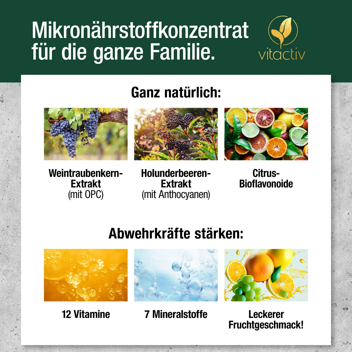 Flüssige Mikronährstoffe für die ganze Familie. Das FAMILY IMMUN AKTIV Vitalstoffkonzentrat von Vitactiv enthält 12 Vitamine und sieben Mineralstoffe. Zudem Weintraubenkern-Extrakt mit OPC, Holunderbeeren-Extrakt und Citrus-Bioflavonoide.