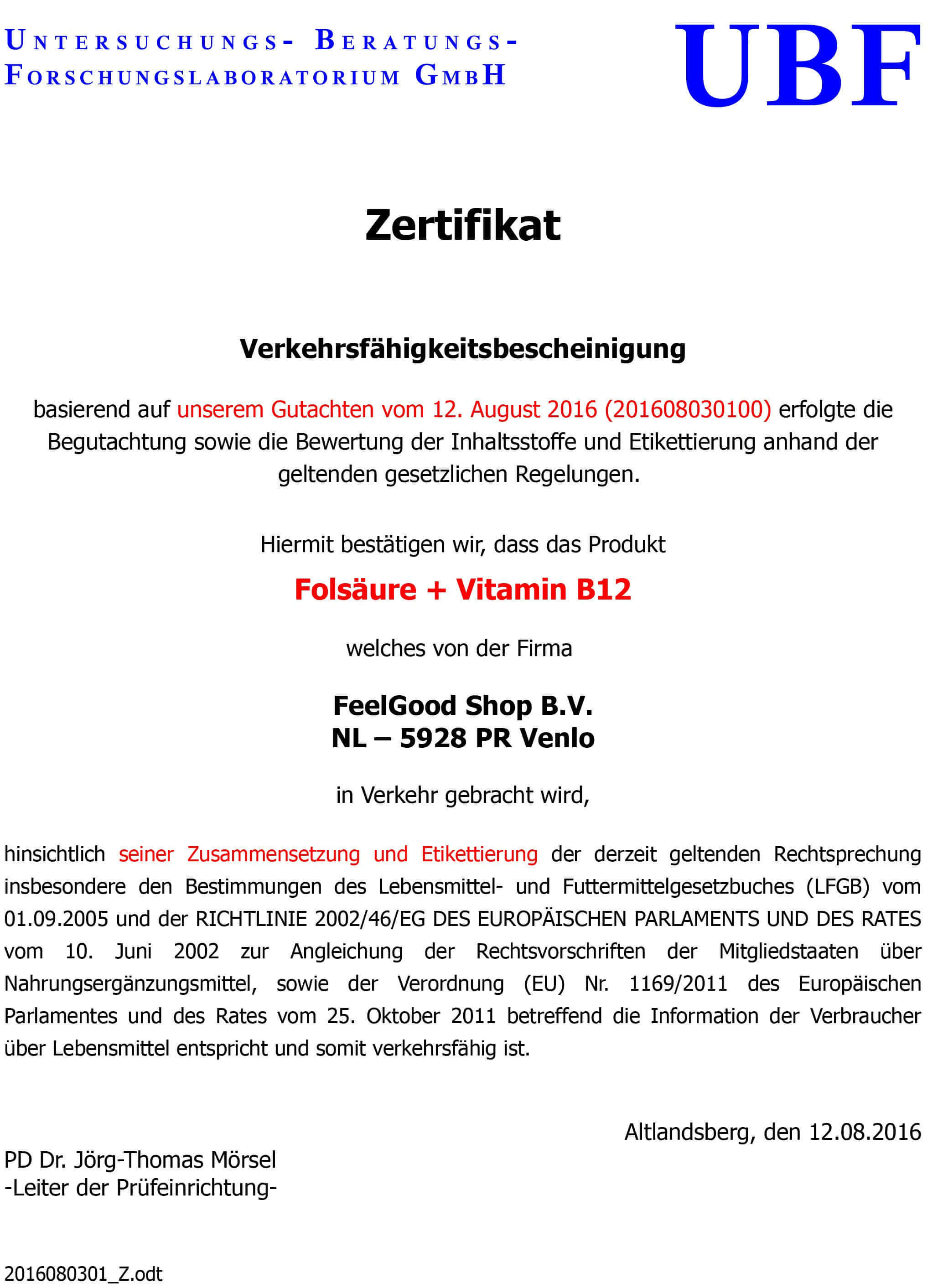 FOLSÄURE 400 + Vitamin B12 Zertifikat