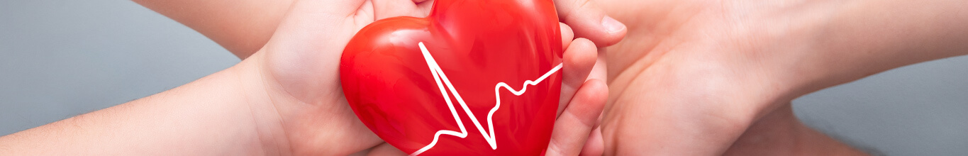 Menü-Teaser: Cholesterin - Kinder- und Erwachsenenhände halten ein rotes Herz auf dem weiße Herzschläge gemalt sind