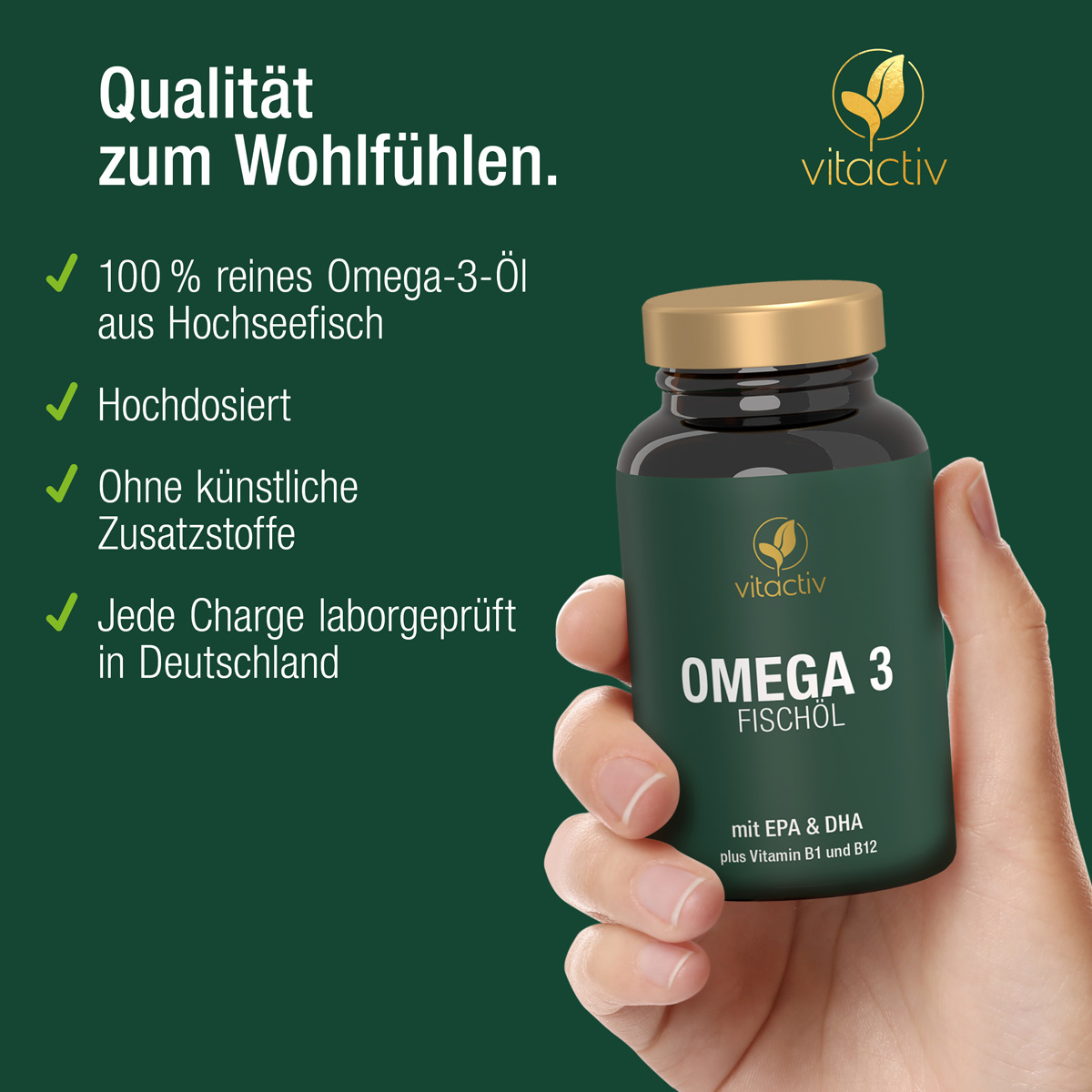 Fischöl; Trägerstoff: Bienenwachs; D-Alpha-Tocopherol (natürliches Vitamin E); Thiamin HCL (Vitamin B1); Methylcobalamin (Vitamin B12); Überzugsmittel: Gelatine (Rind), Feuchthaltemittel: Glycerin (pflanzlich), Wasser, Farbstoff: Karamell (Kapselhülle).